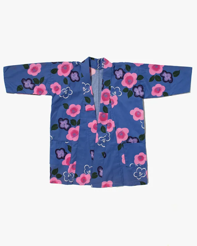 Kiriko Custom, Altered Yukata Jacket, Blue with Pink and Purple Flowers sold by Kiriko