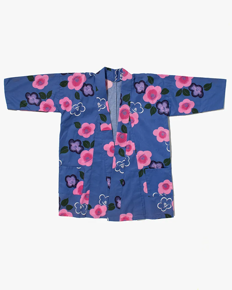 Kiriko Custom, Altered Yukata Jacket, Blue with Pink and Purple Flowers sold by Kiriko