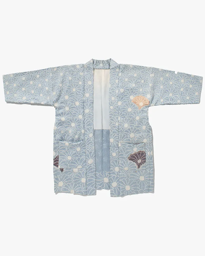 Kiriko Custom, Altered Kimono Jacket, Full Shibori, Sky Blue with White Flowers sold by Kiriko