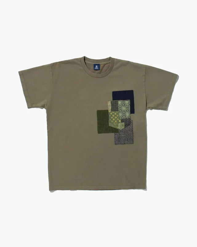 Kiriko Original Tee, 8oz Cotton, Patched Pocket Tee, Sage Green with Olive and Indigo Patchwork sold by Kiriko