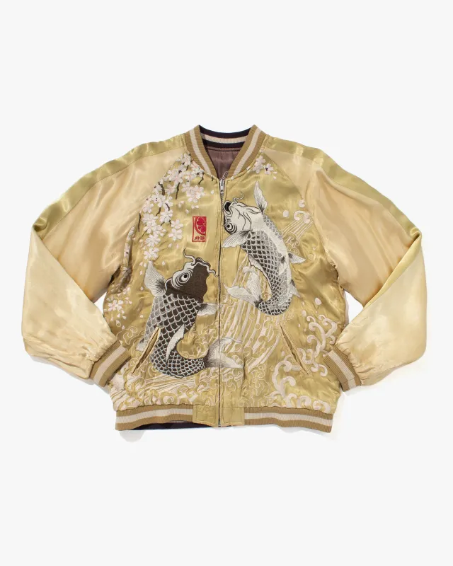 Japanese Repro Souvenir Jacket, Reversible, Gold with Koi and Sakura - L sold by Kiriko