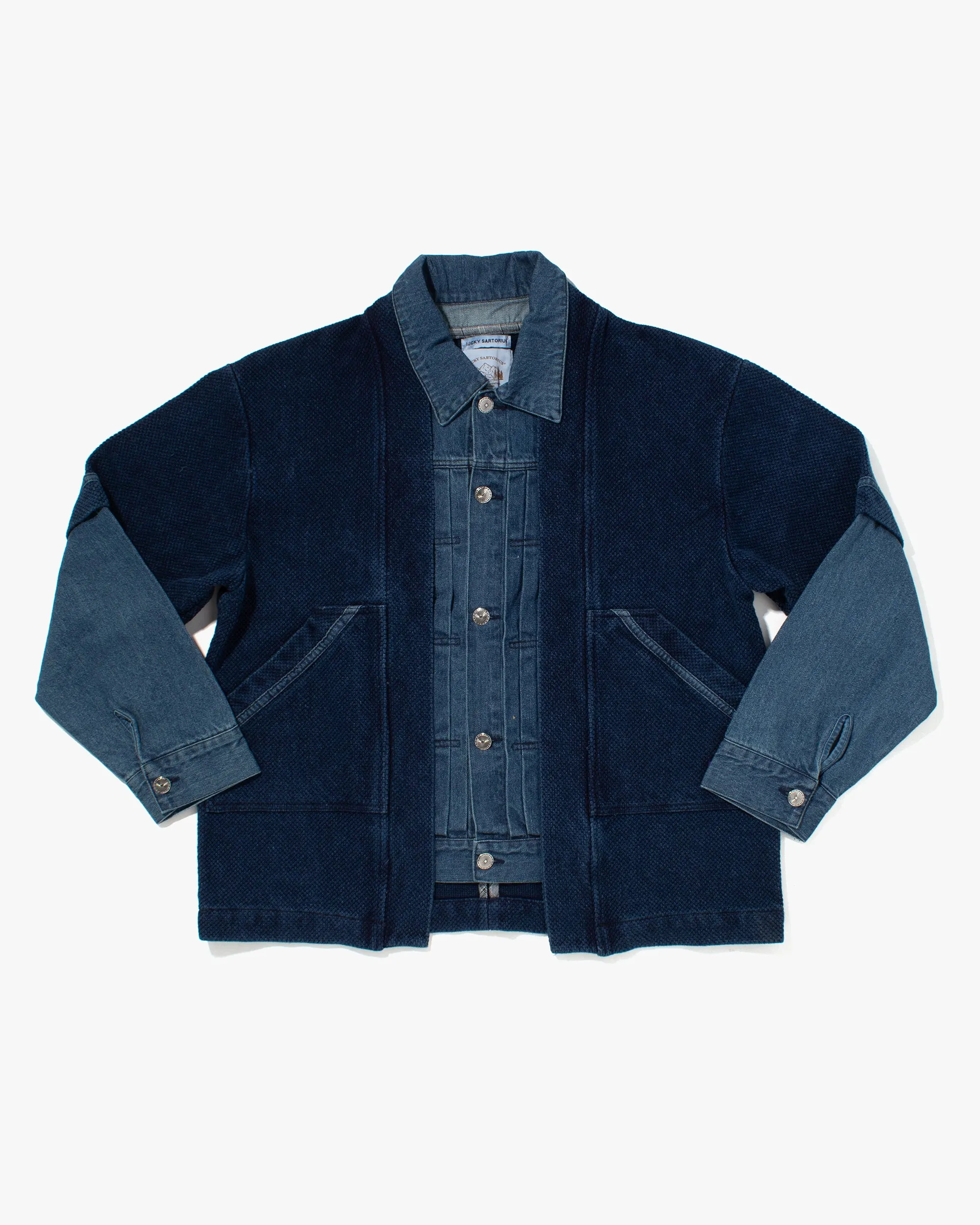 Japanese Repro Denim Jacket, Lucky Sartorius, Sashiori and Pleats - XL sold by Kiriko