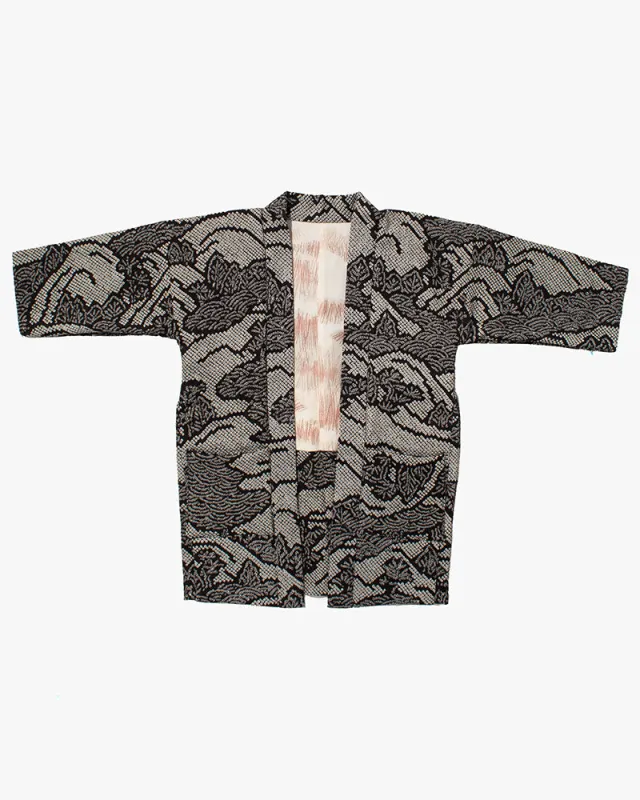 Kiriko Custom, Altered Haori Jacket, Full Shibori, Black with White Seigaiha and Leaves sold by Kiriko