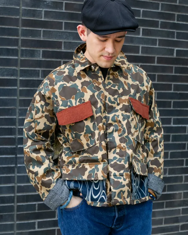 Kiriko Custom Military Jacket, Camo Patched, Obi Phoenix #2 with Indigo and Cream Kanzemiumon and Rust Pocket Flaps sold by Kiriko