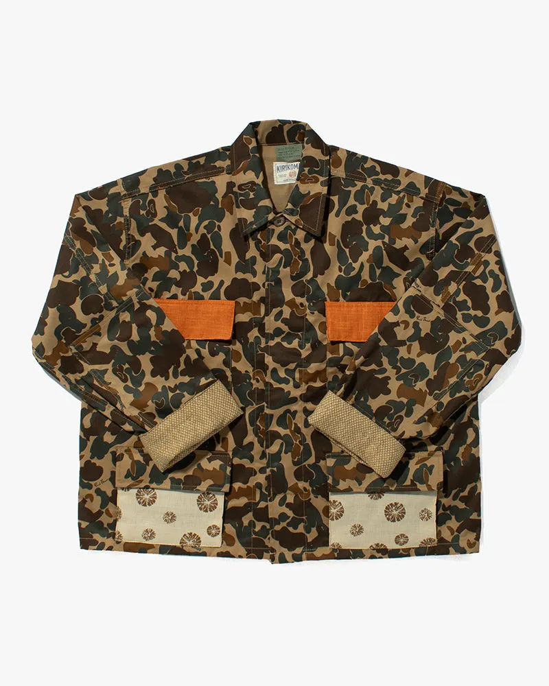 Kiriko Custom Military Jacket, Camo Patched, Obi Phoenix #1 and White Shibori and Orange Pockets Flaps sold by Kiriko product image thumbnail 2