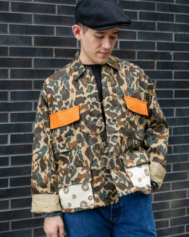 Kiriko Custom Military Jacket, Camo Patched, Obi Phoenix #1 and White Shibori and Orange Pockets Flaps sold by Kiriko