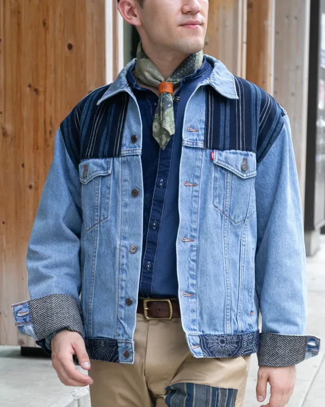 Kiriko Custom, Vintage Levi's Jacket, Patched with Shades of Blue Shima and Katazome Kikkou Kiku with Maekake Apron sold by Kiriko