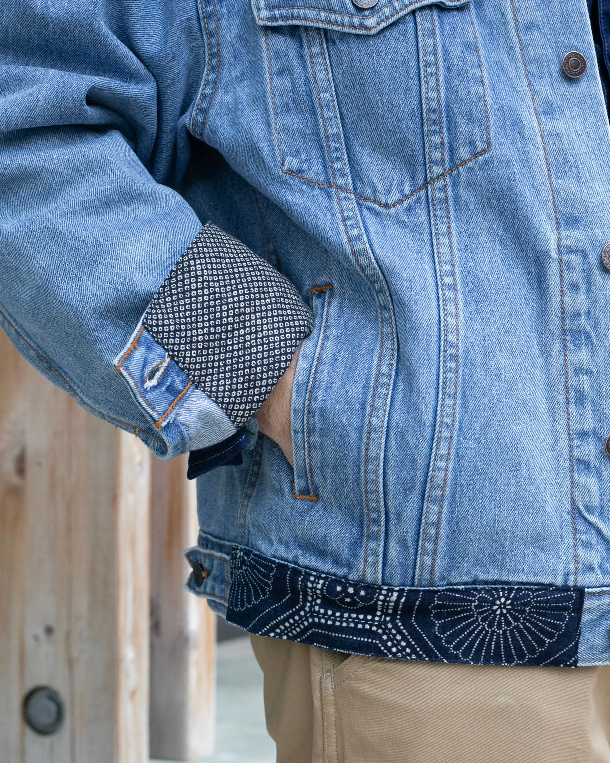Kiriko Custom, Vintage Levi's Jacket, Patched with Shades of Blue Shima and Katazome Kikkou Kiku with Maekake Apron sold by Kiriko product image thumbnail 2