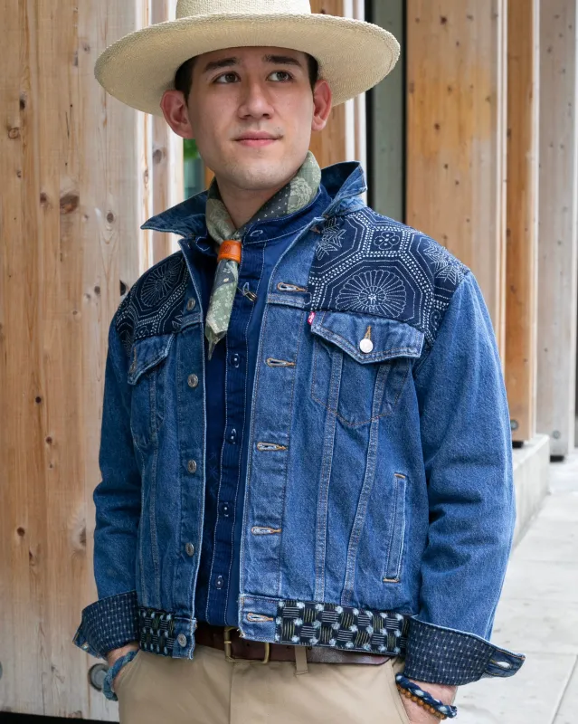 Kiriko Custom, Vintage Levi's Jacket, Patched with Katazome Kikkou Kiku and Basket Weave Kasuri with Maekake Apron sold by Kiriko