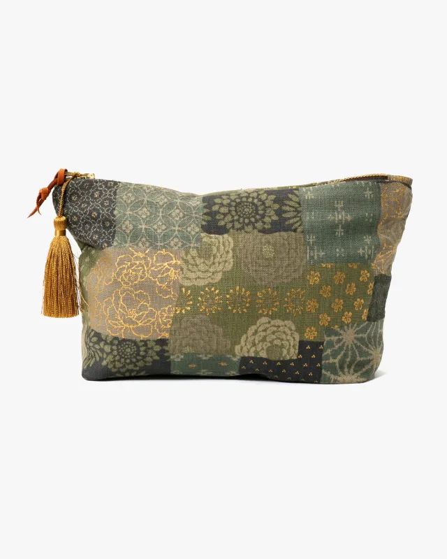 Kiriko Original Obi Stand-Up Pouch, Multi Patchwork, Sage and Gold with Tassle sold by Kiriko