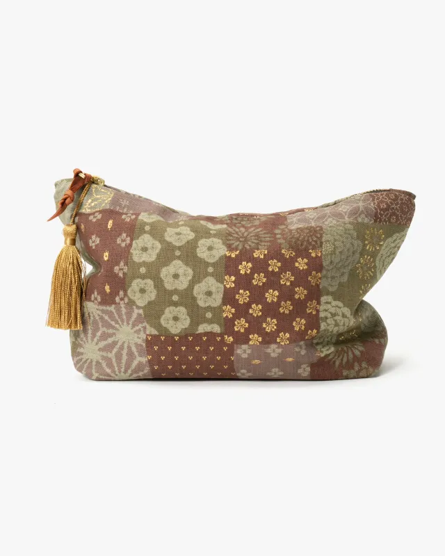 Kiriko Original Obi Stand-Up Pouch, Multi Patchwork, Azuki and Gold with Tassle sold by Kiriko