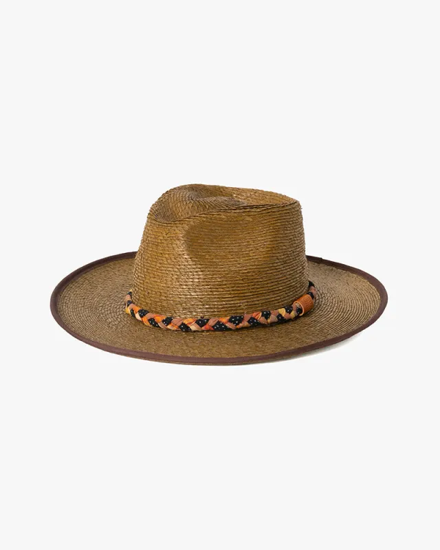 Kiriko Custom Panama Hat, Straw, Braided Dotted Indigo with Shades of Orange sold by Kiriko