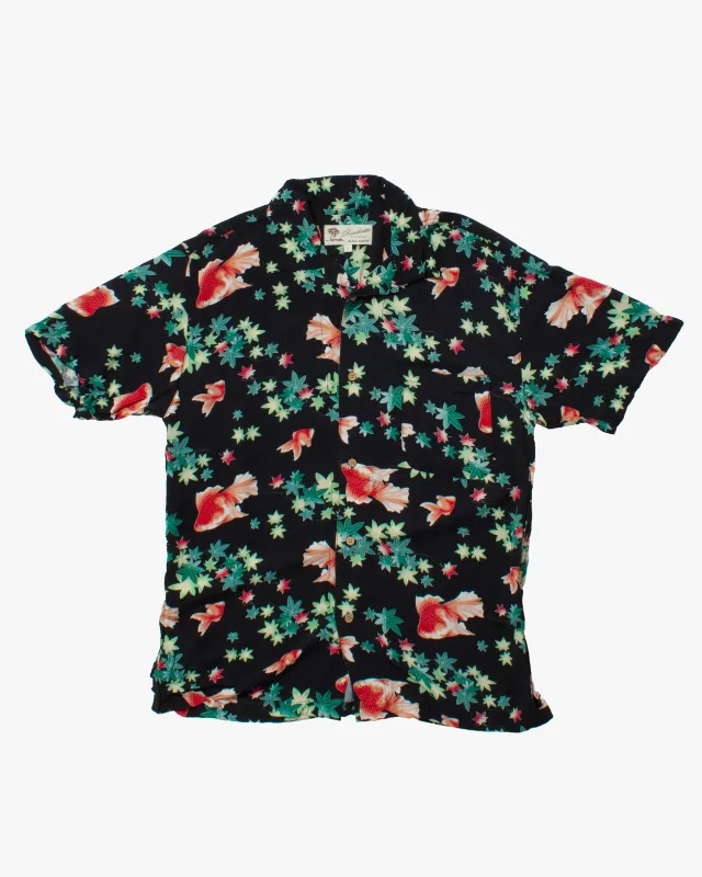 Japanese Repro Shirt, Short Sleeve Aloha Shirt, Roushatte Aloha, Black with Red Fish and Leaves - L sold by Kiriko