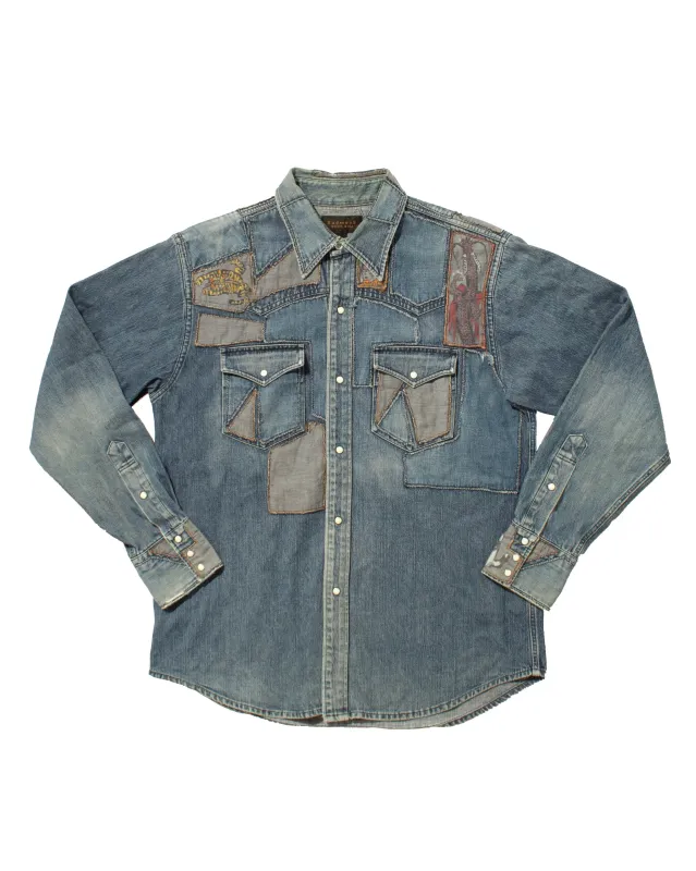 Japanese Repro Button Up Shirt,  Radmess Men's Bigi, Denim Patched  - L sold by Kiriko