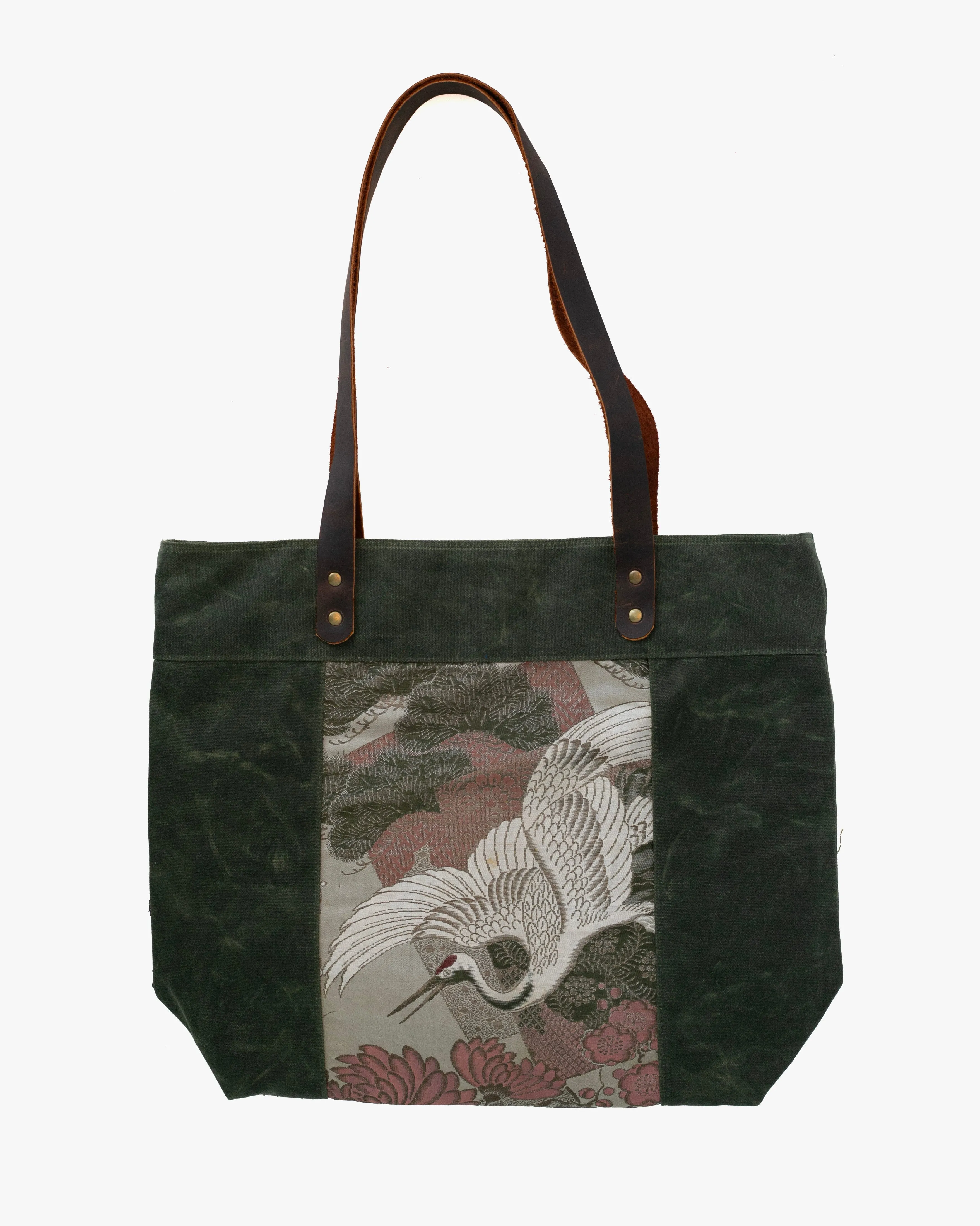 Kiriko Original Waxed Canvas Obi Tote Bag, Green, Tsuru and Pine sold by Kiriko