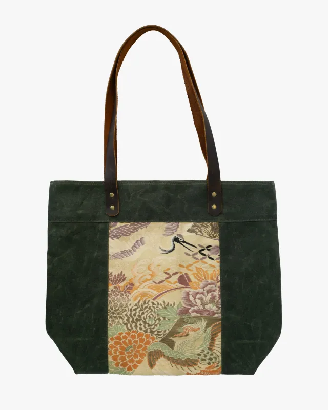Kiriko Original Waxed Canvas Obi Tote Bag, Green, Kiku and Tsuru and Phoenix sold by Kiriko