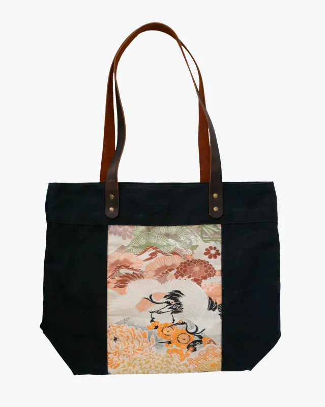 Kiriko Original Waxed Canvas Obi Tote Bag, Black, Tsuru and Peony and Chrysanthemum sold by Kiriko