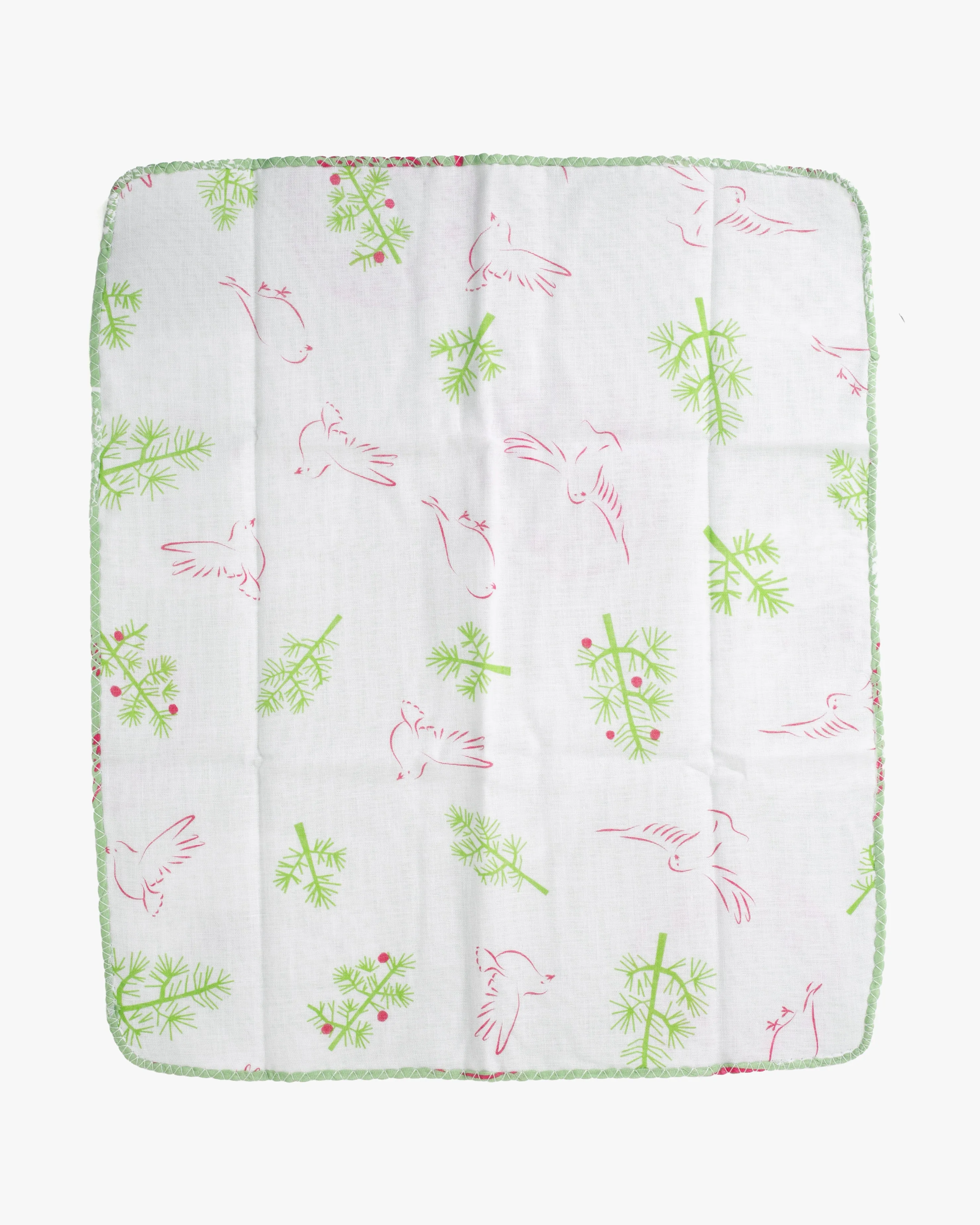 Kurochiku, Two-Sided Cotton Handkerchief, Green, White, and Pink with Birds sold by Kiriko product image thumbnail 3