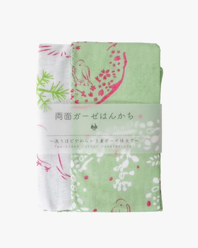 Kurochiku, Two-Sided Cotton Handkerchief, Green, White, and Pink with Birds sold by Kiriko