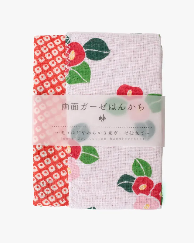 Kurochiku, Two-Sided Cotton Handkerchief, Red Shibori and White with Tsubaki sold by Kiriko