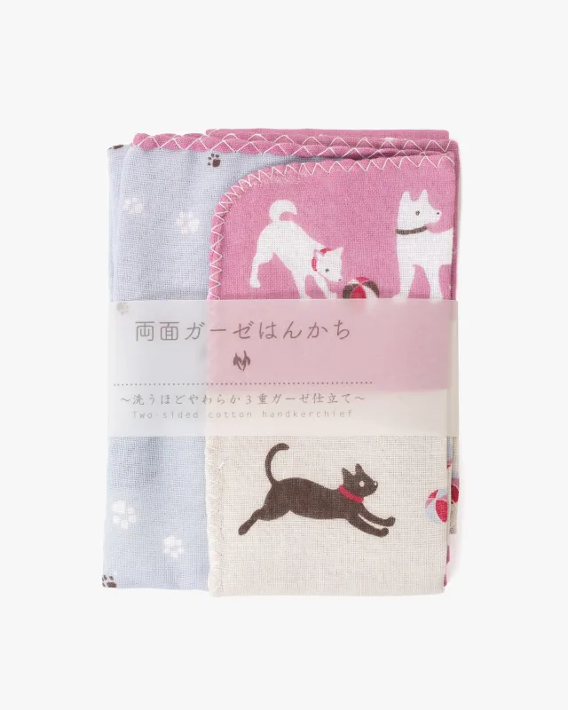 Kurochiku, Two-Sided Cotton Handkerchief, Cats and Dogs sold by Kiriko