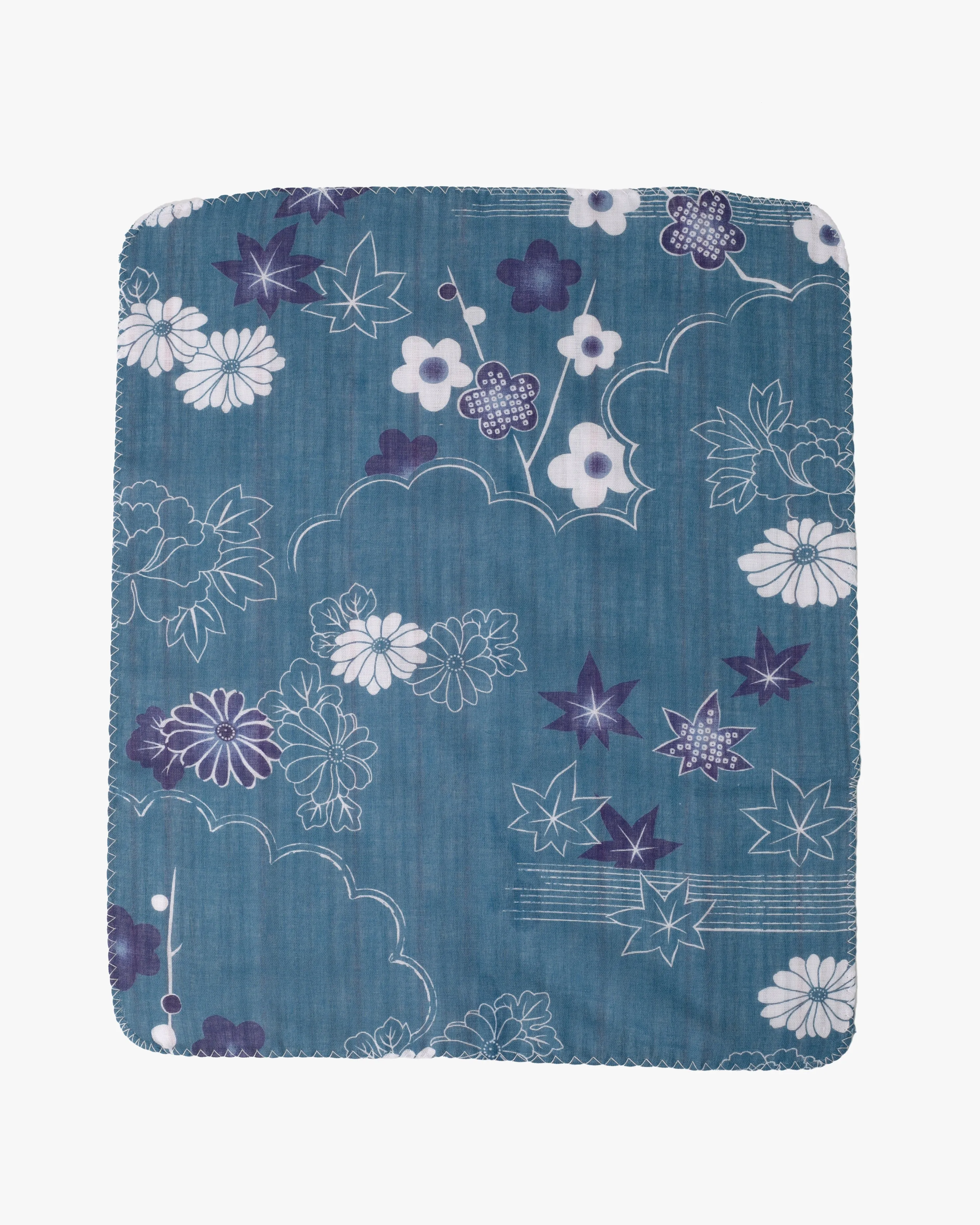 Kurochiku, Two-Sided Cotton Handkerchief, Blue Florals with Multi-Color Shima sold by Kiriko product image thumbnail 2