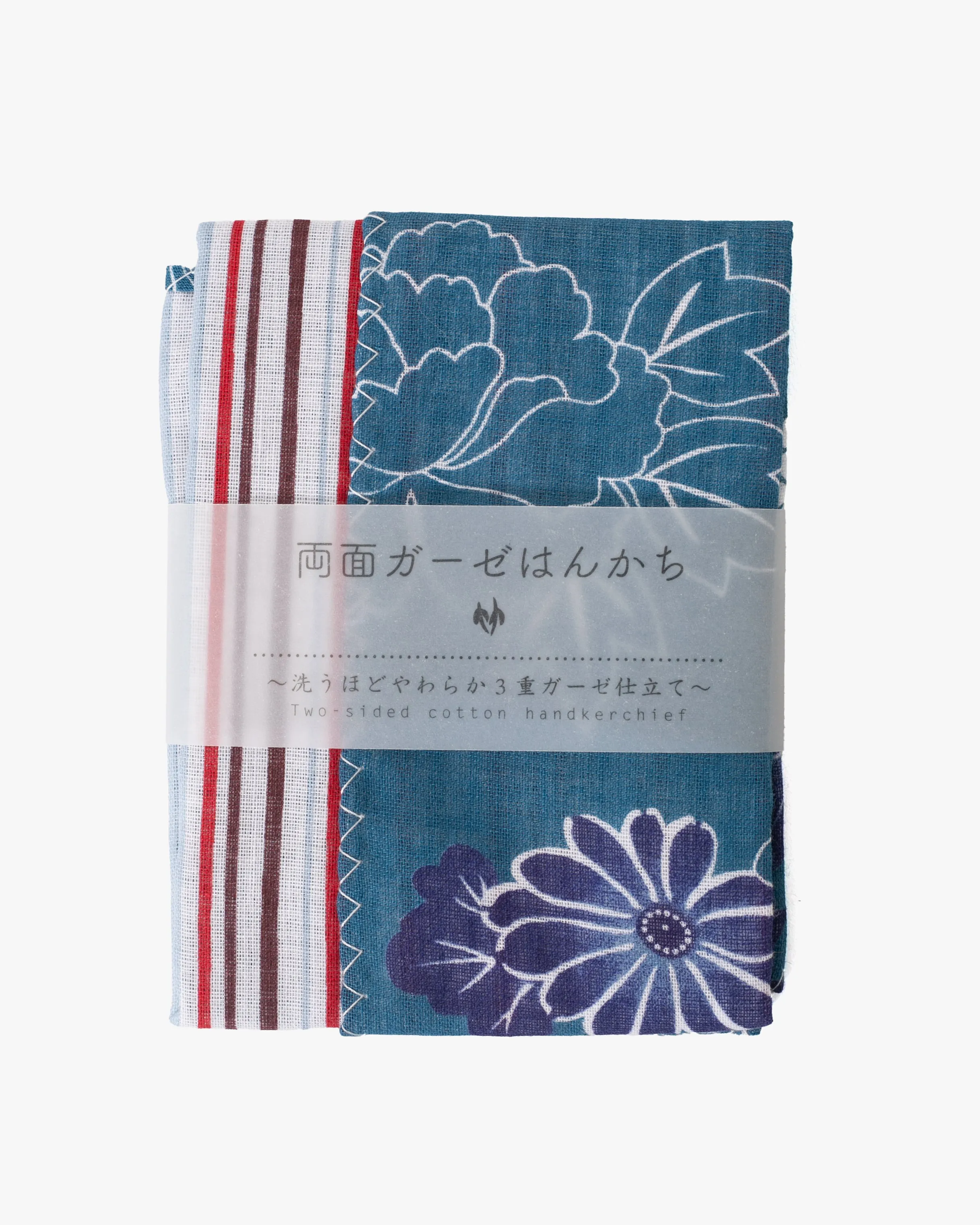 Kurochiku, Two-Sided Cotton Handkerchief, Blue Florals with Multi-Color Shima sold by Kiriko