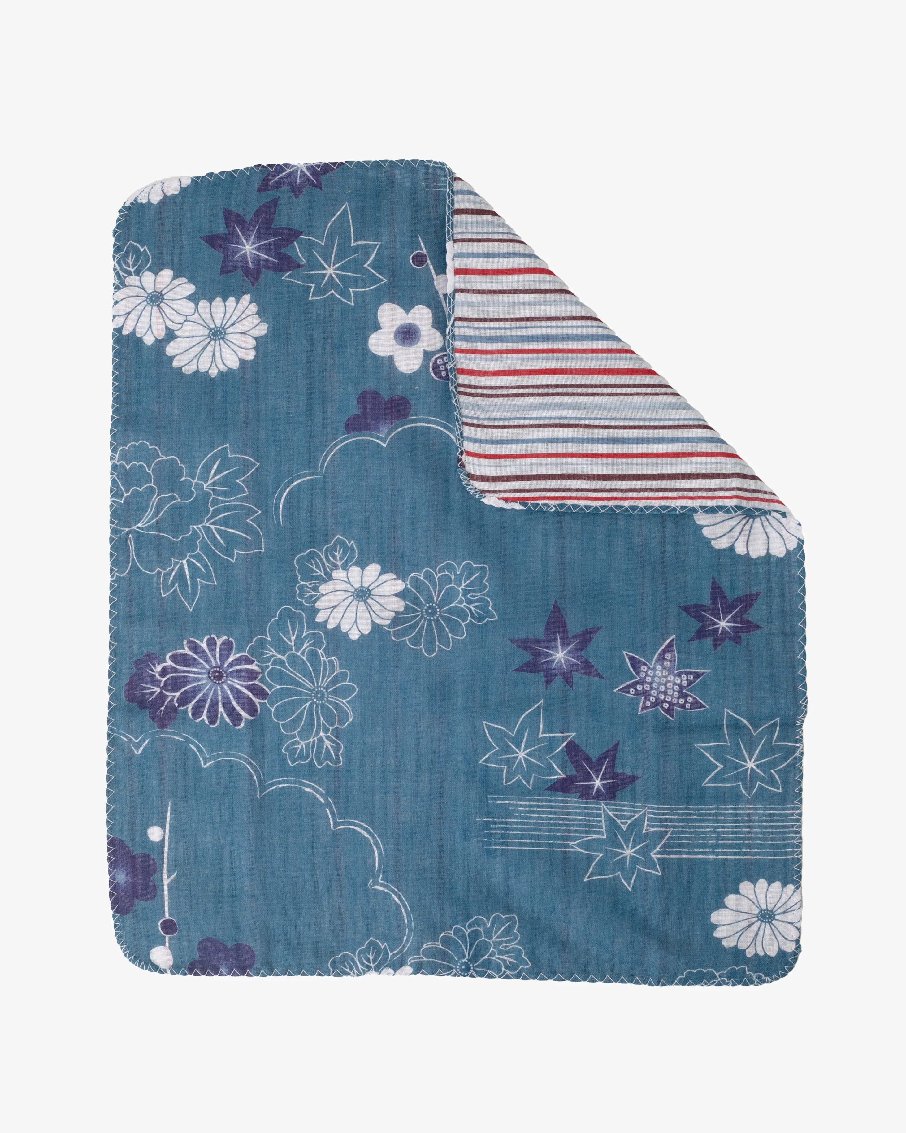Kurochiku, Two-Sided Cotton Handkerchief, Blue Florals with Multi-Color Shima sold by Kiriko product image thumbnail 4