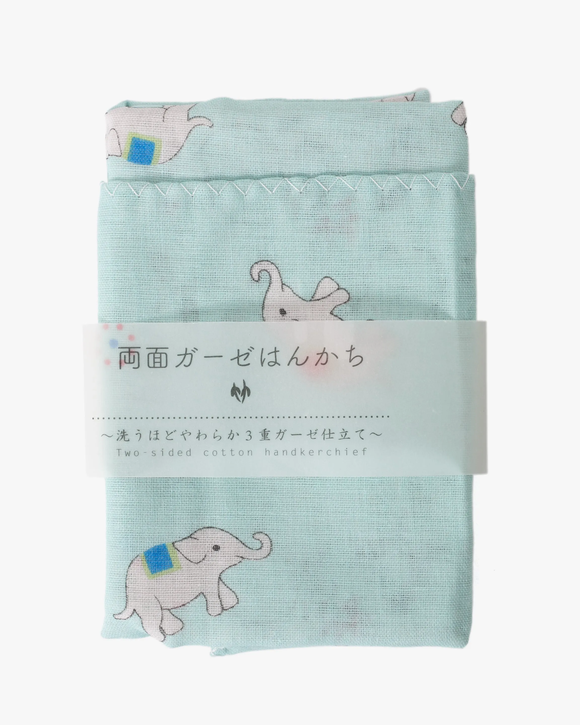 Kurochiku, Two-Sided Cotton Handkerchief, Light Blue with Elephants sold by Kiriko