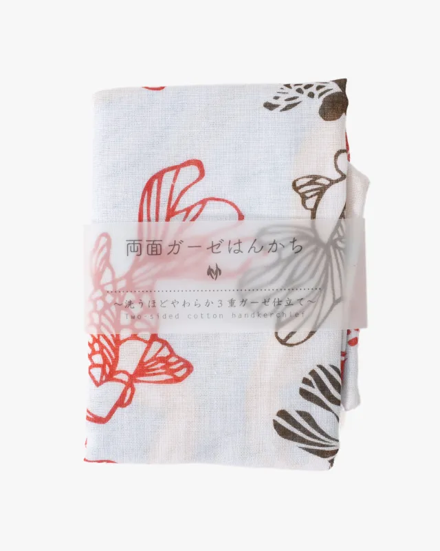 Kurochiku, Two-Sided Cotton Handkerchief, White with Red and Black Kingyo sold by Kiriko