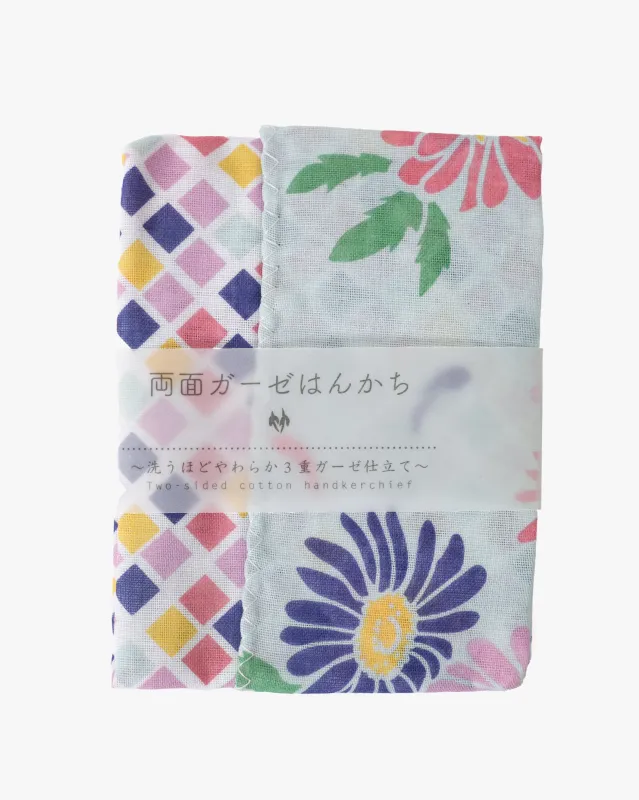 Kurochiku, Two-Sided Cotton Handkerchief, Multi-Color Floral and Tile sold by Kiriko