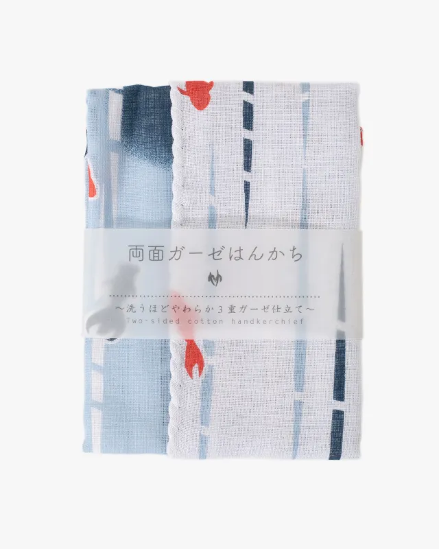 Kurochiku, Two-Sided Cotton Handkerchief, Blue and White, Koi Fish sold by Kiriko