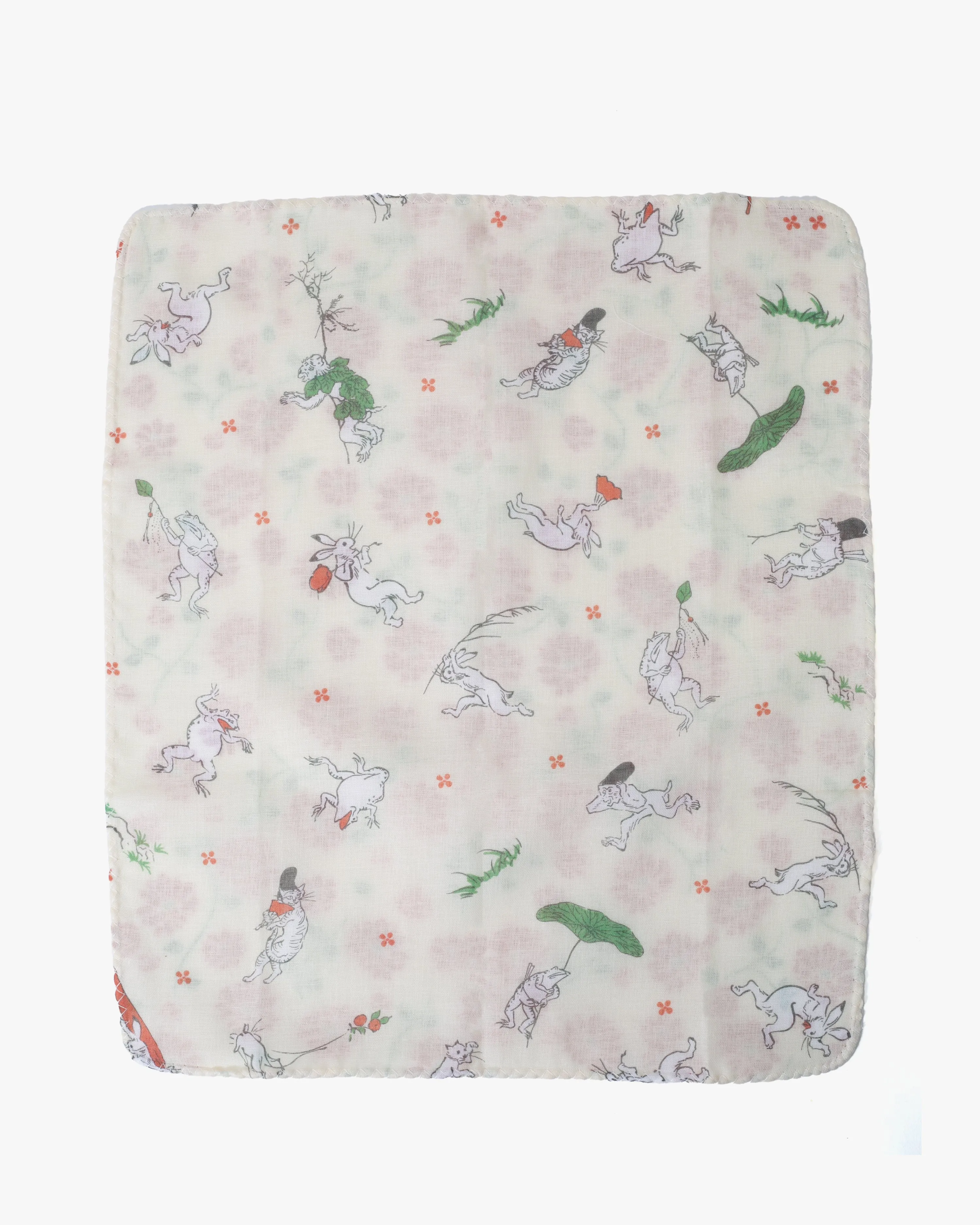 Kurochiku, Two-Sided Cotton Handkerchief, Choju-Giga and Orange Floral sold by Kiriko product image thumbnail 2