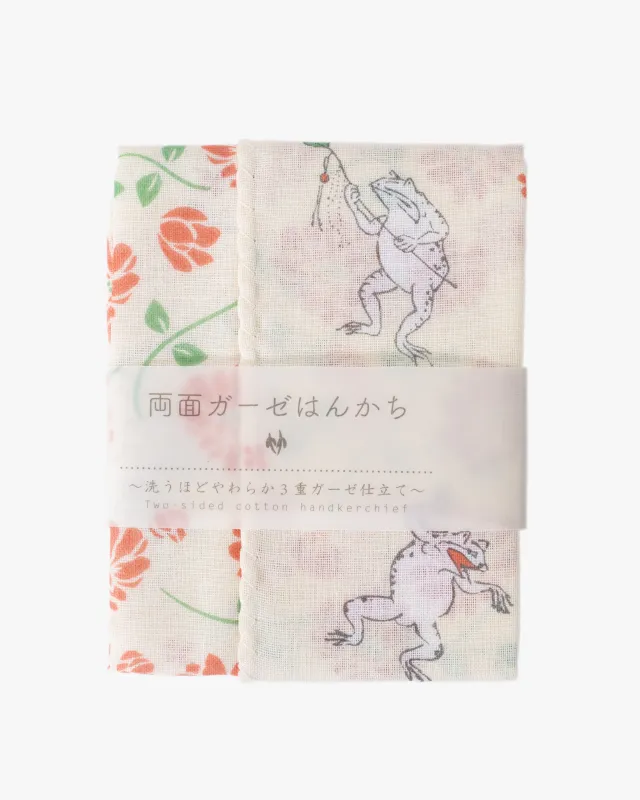 Kurochiku, Two-Sided Cotton Handkerchief, Frogs and Florals sold by Kiriko