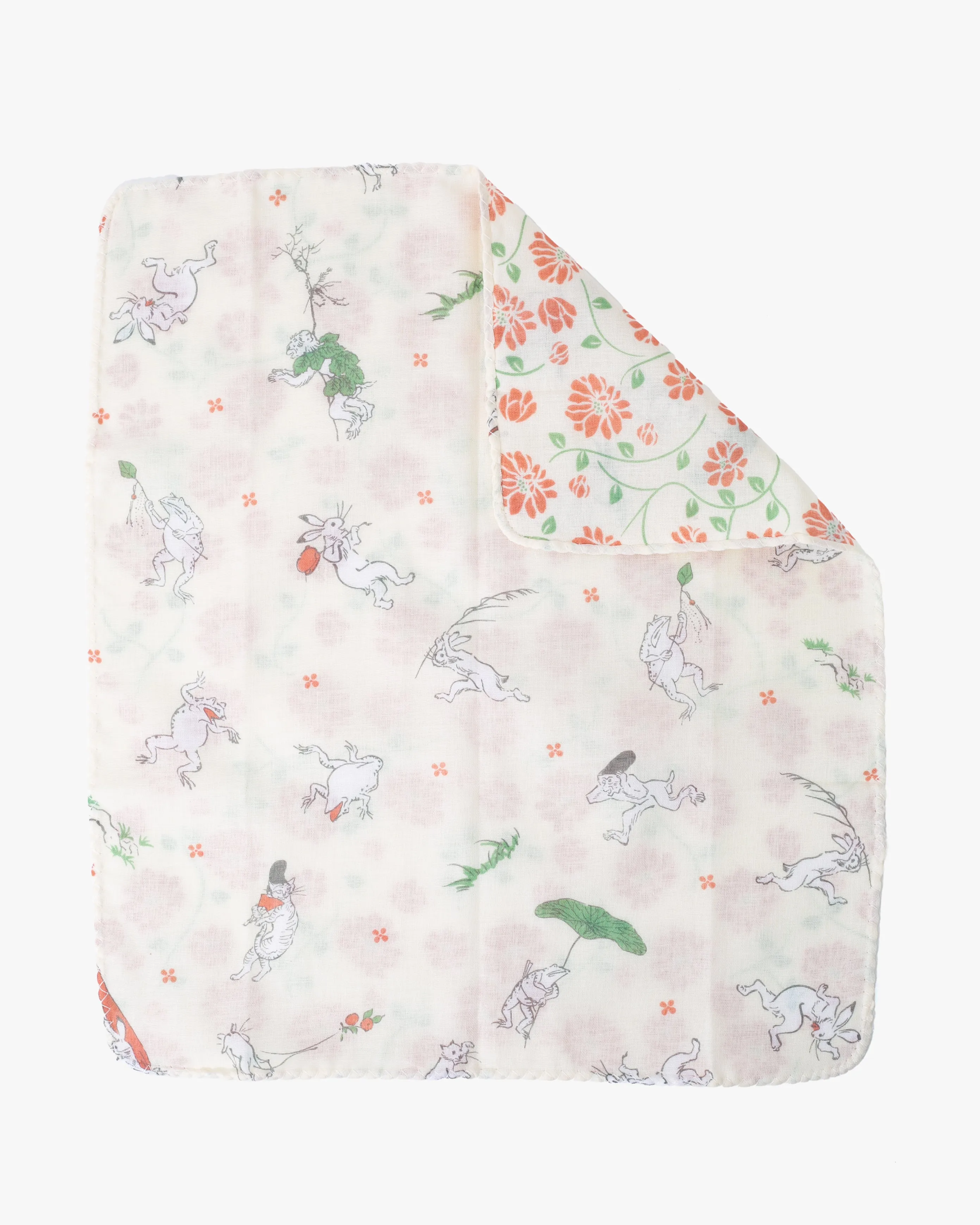 Kurochiku, Two-Sided Cotton Handkerchief, Choju-Giga and Orange Floral sold by Kiriko product image thumbnail 4