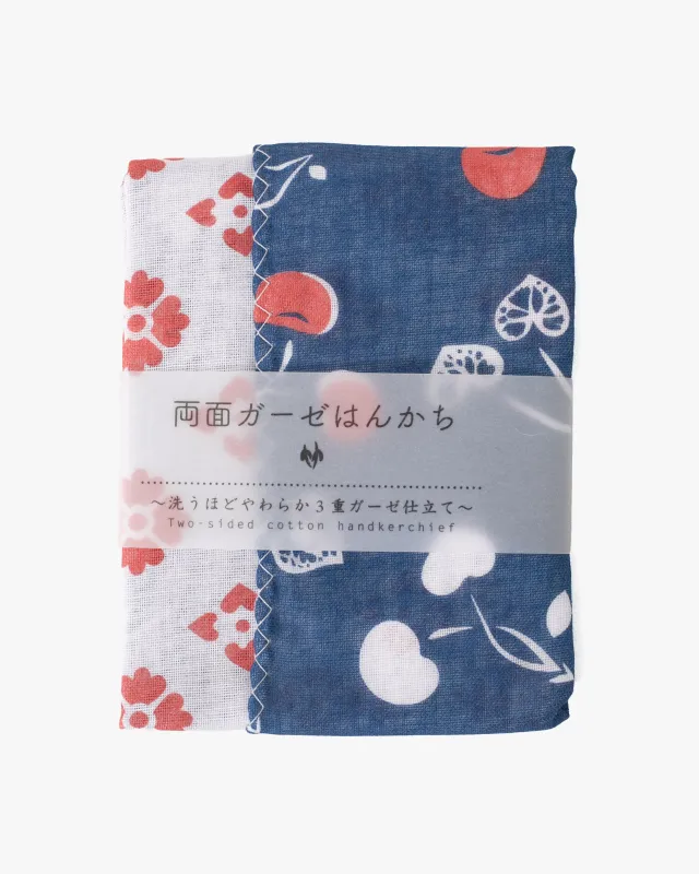 Kurochiku, Two-Sided Cotton Handkerchief, Blue and White, Cherry sold by Kiriko