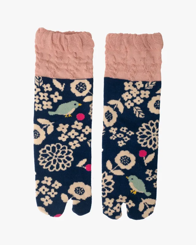 Kurochiku, Tabi Socks, Crew, Blue with Bird and Flowers- S/M sold by Kiriko