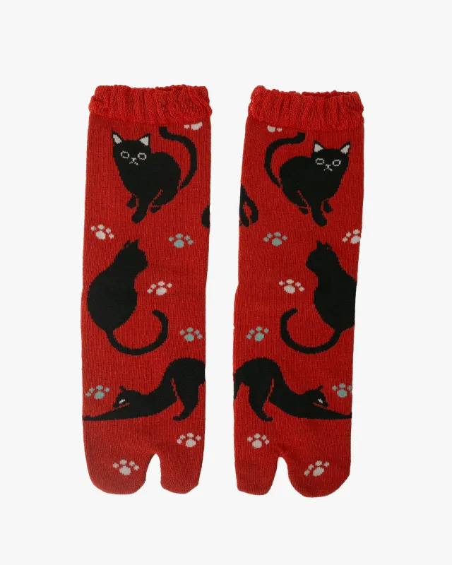 Kurochiku, Tabi Socks, Crew, Red with Black Cats and Paw Prints- S/M made by Kiriko