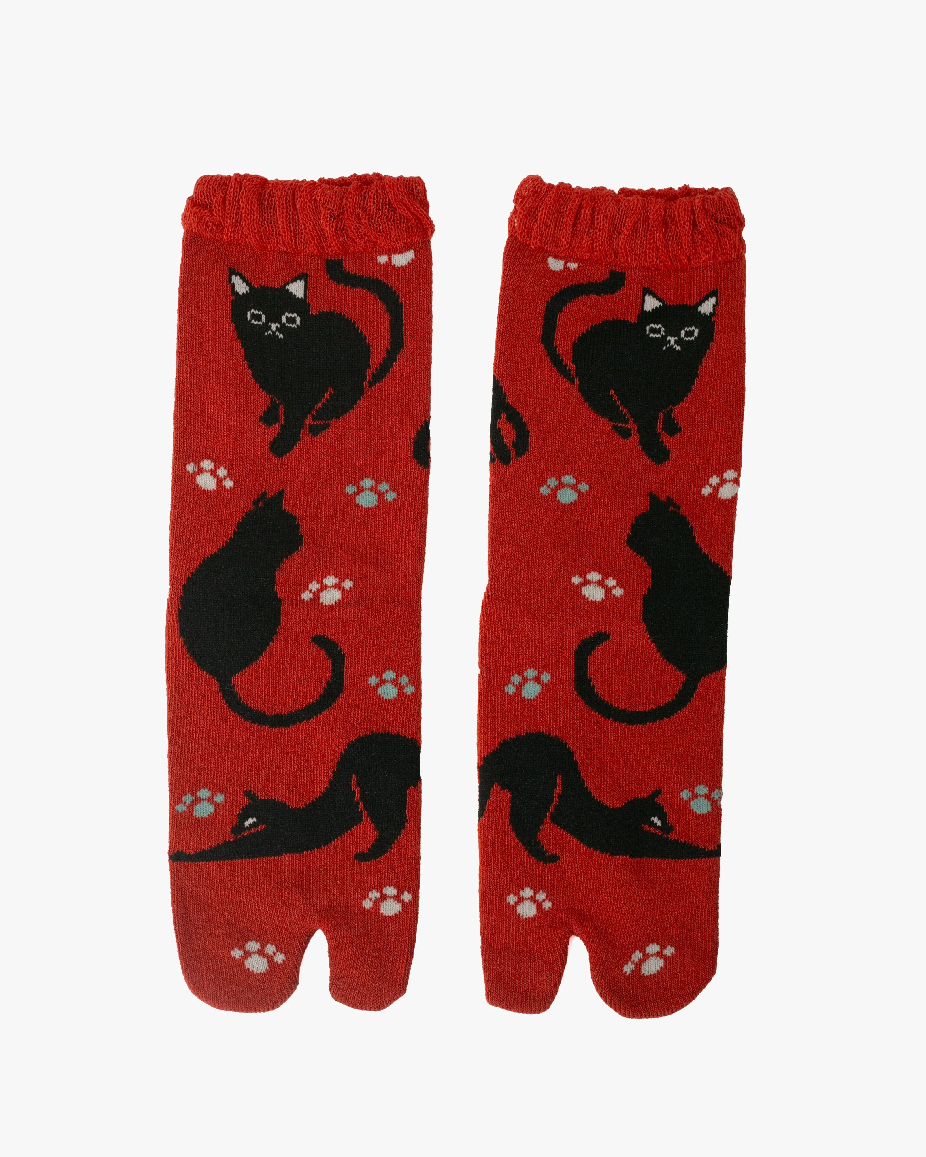 Kurochiku, Tabi Socks, Crew, Red with Black Cats and Paw Prints- S/M sold by Kiriko