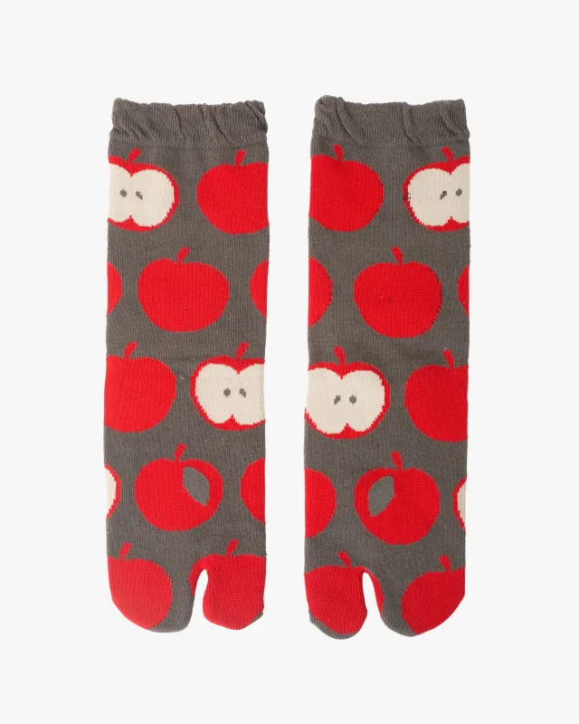 Kurochiku, Tabi Socks, Crew, Grey with Red Apples- S/M sold by Kiriko