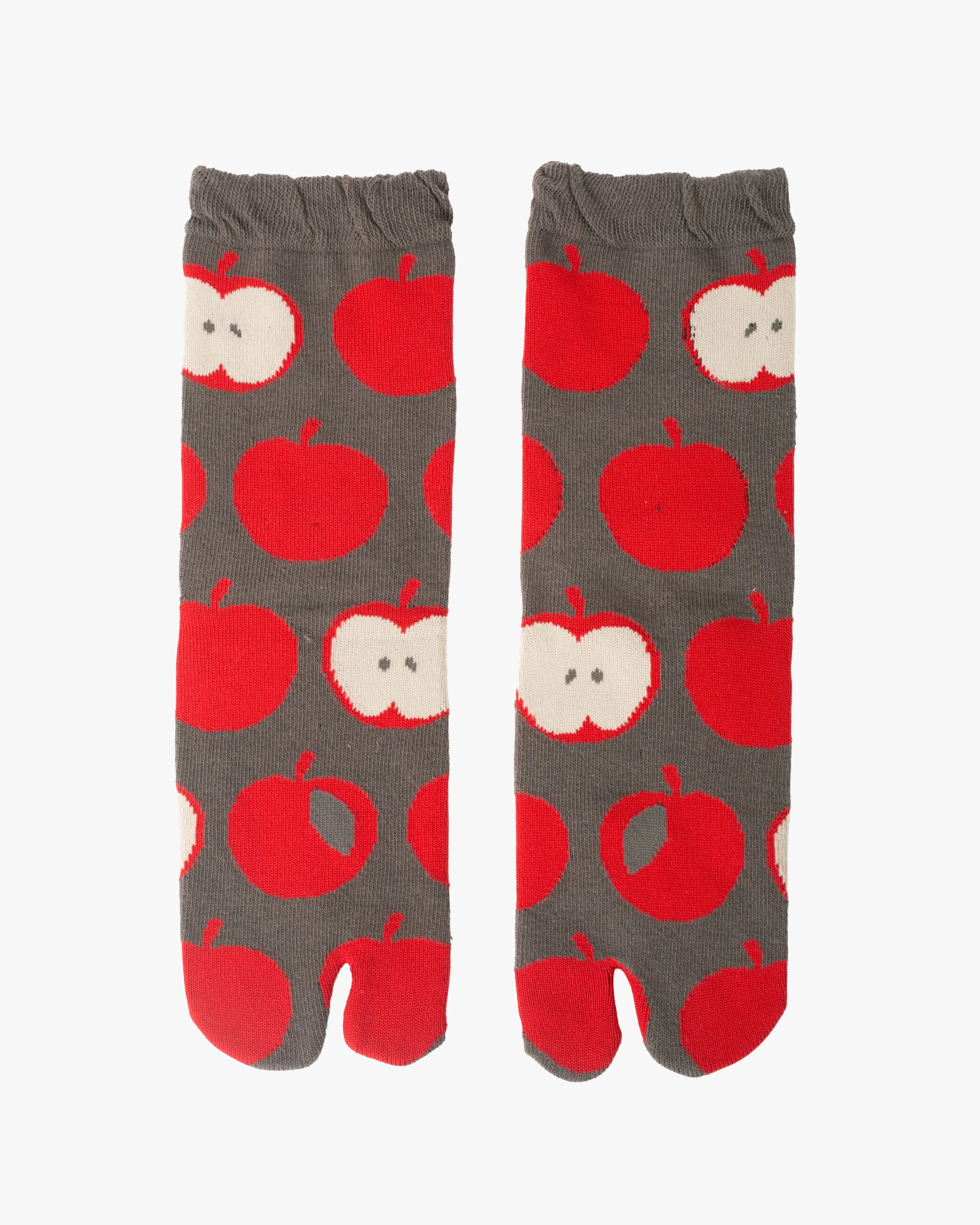 Kurochiku, Tabi Socks, Crew, Grey with Red Apples- S/M sold by Kiriko