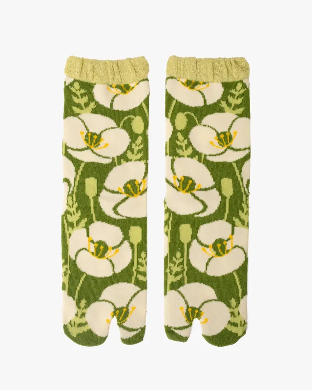 Kurochiku, Tabi Socks, Crew, Green with White and Yellow Flowers- S/M sold by Kiriko