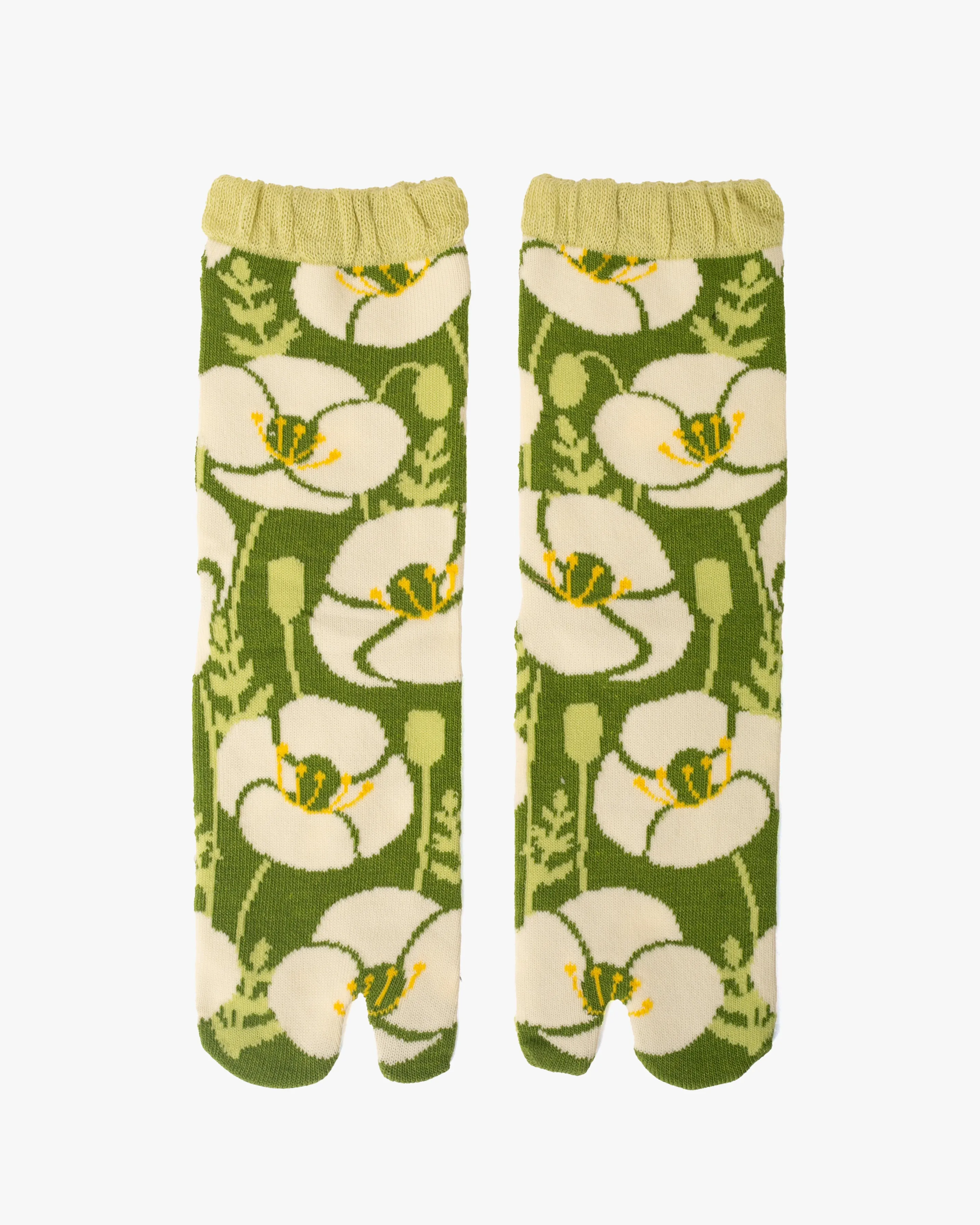 Kurochiku, Tabi Socks, Crew, Green with White and Yellow Flowers- S/M sold by Kiriko