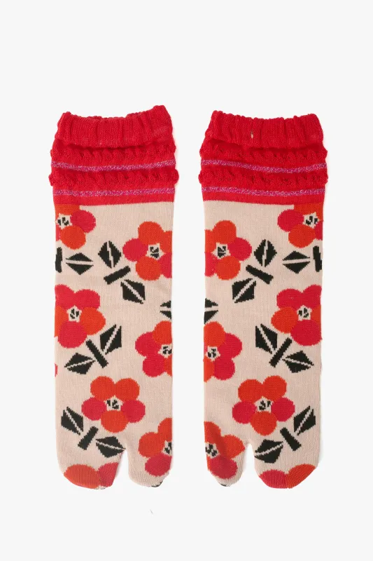 Kurochiku, Tabi Socks, Crew, Beige with Orange and Pink Flowers - S/M sold by Kiriko