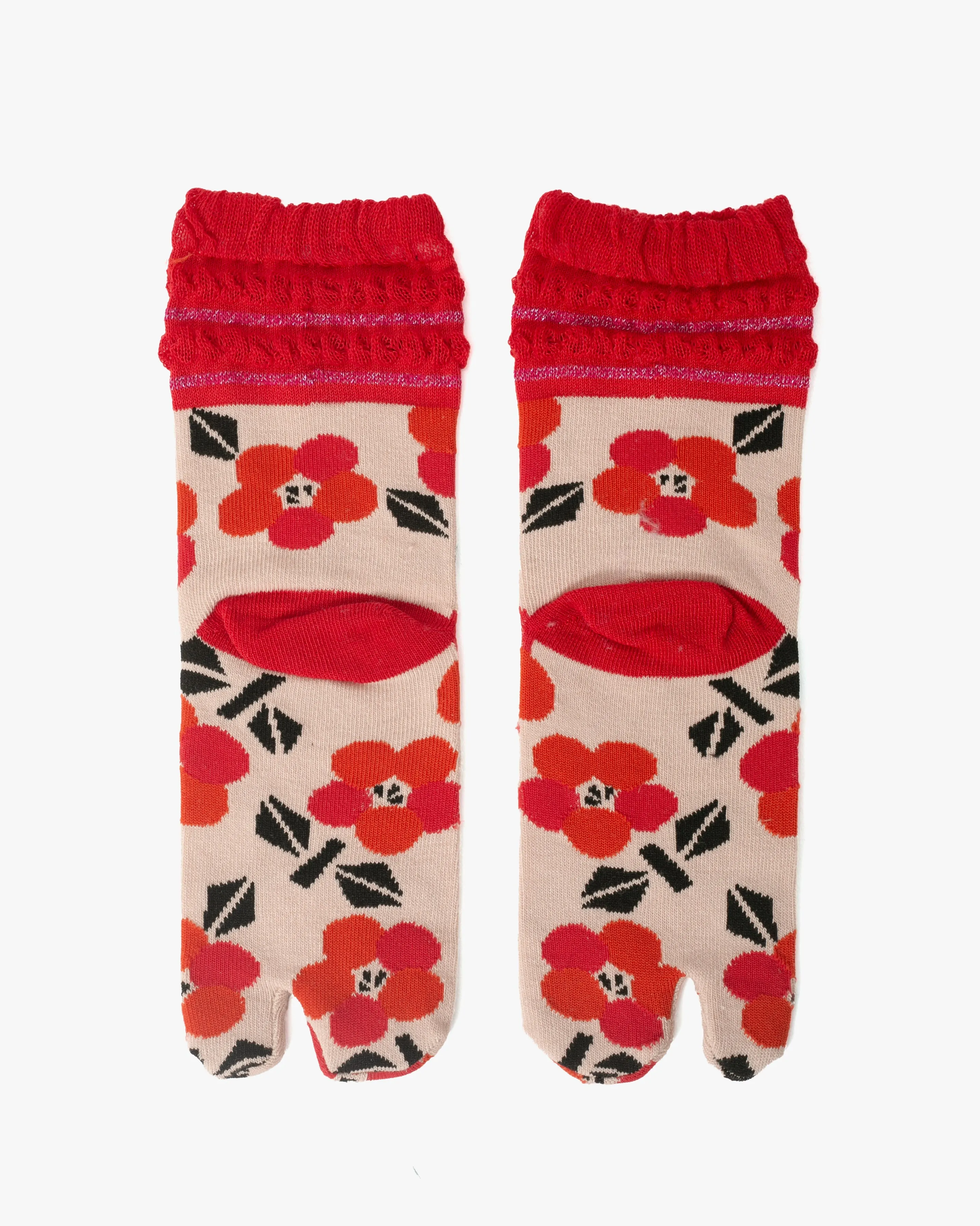 Kurochiku, Tabi Socks, Crew, Beige with Orange and Pink Flowers - S/M sold by Kiriko product image thumbnail 2