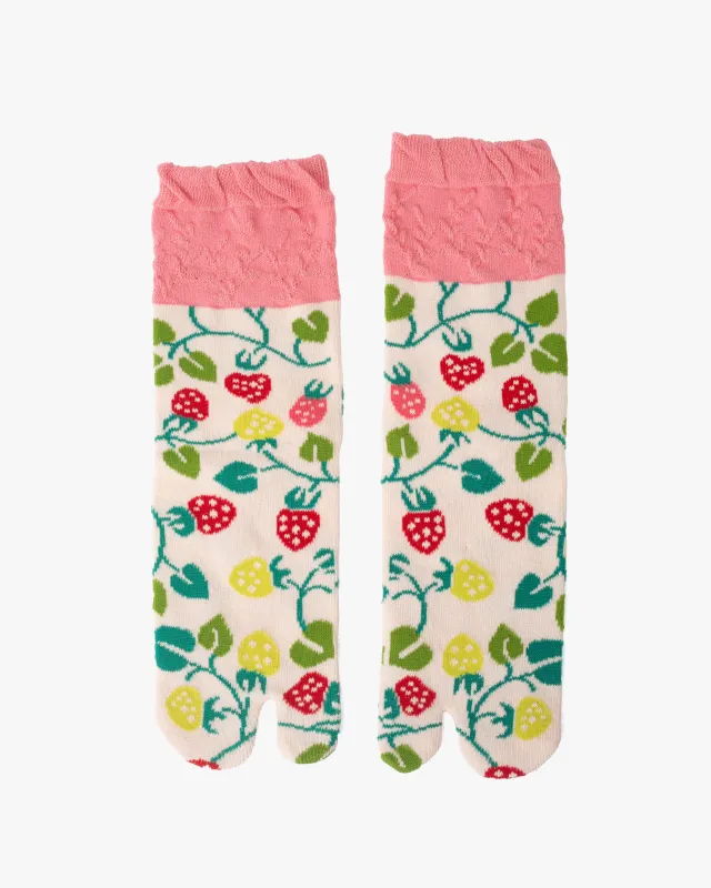 Kurochiku, Tabi Socks, Crew, White with Green and Red Berries- S/M sold by Kiriko