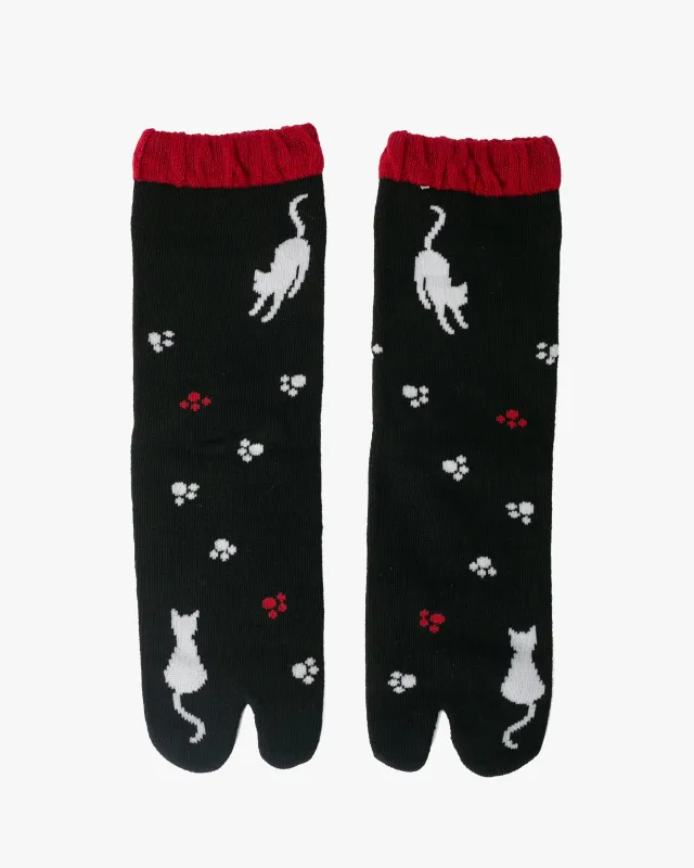Kurochiku, Tabi Socks, Crew, Black with White Cat and Paw Prints- S/M sold by Kiriko