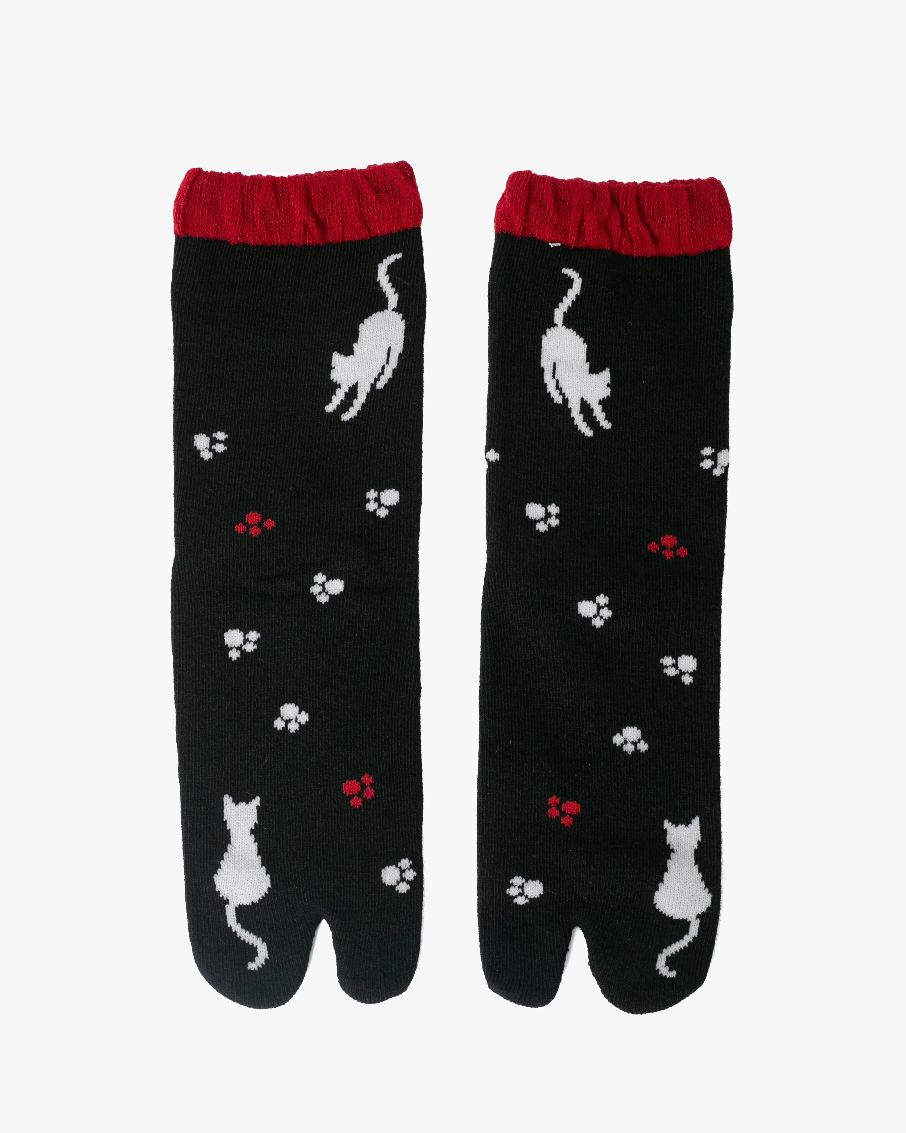 Kurochiku, Tabi Socks, Crew, Black with White Cat and Paw Prints- S/M sold by Kiriko