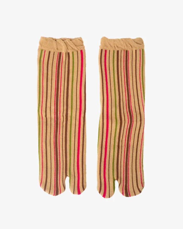 Kurochiku, Tabi Socks, Crew, Beige with Brown, Green and Pink Shima- S/M made by Kiriko