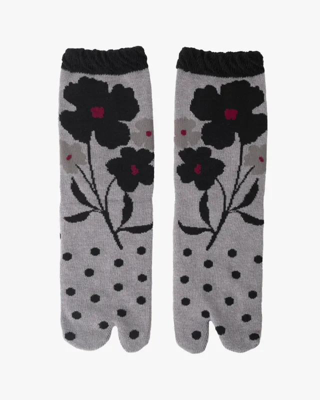 Kurochiku, Tabi Socks, Crew, Gray Polka Dot and Black Floral - S/M sold by Kiriko
